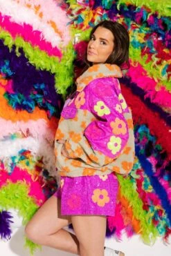 Neon Flower Tan Fleece -Queen of Sparkles QOS 554