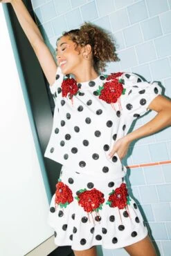 Queen Of Sparkles White Polka Dot Skirt With Red Flowers -Queen of Sparkles QOSHOLIDAY soelstudio 267 0113f693 8dd3 4e64 9ec0 1f67aa83d8c1