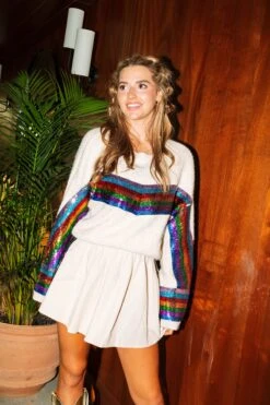 Queen Of Sparkles Ivory Rainbow Sequin Stripe Skirt -Queen of Sparkles QOSHOLIDAY soelstudio 872