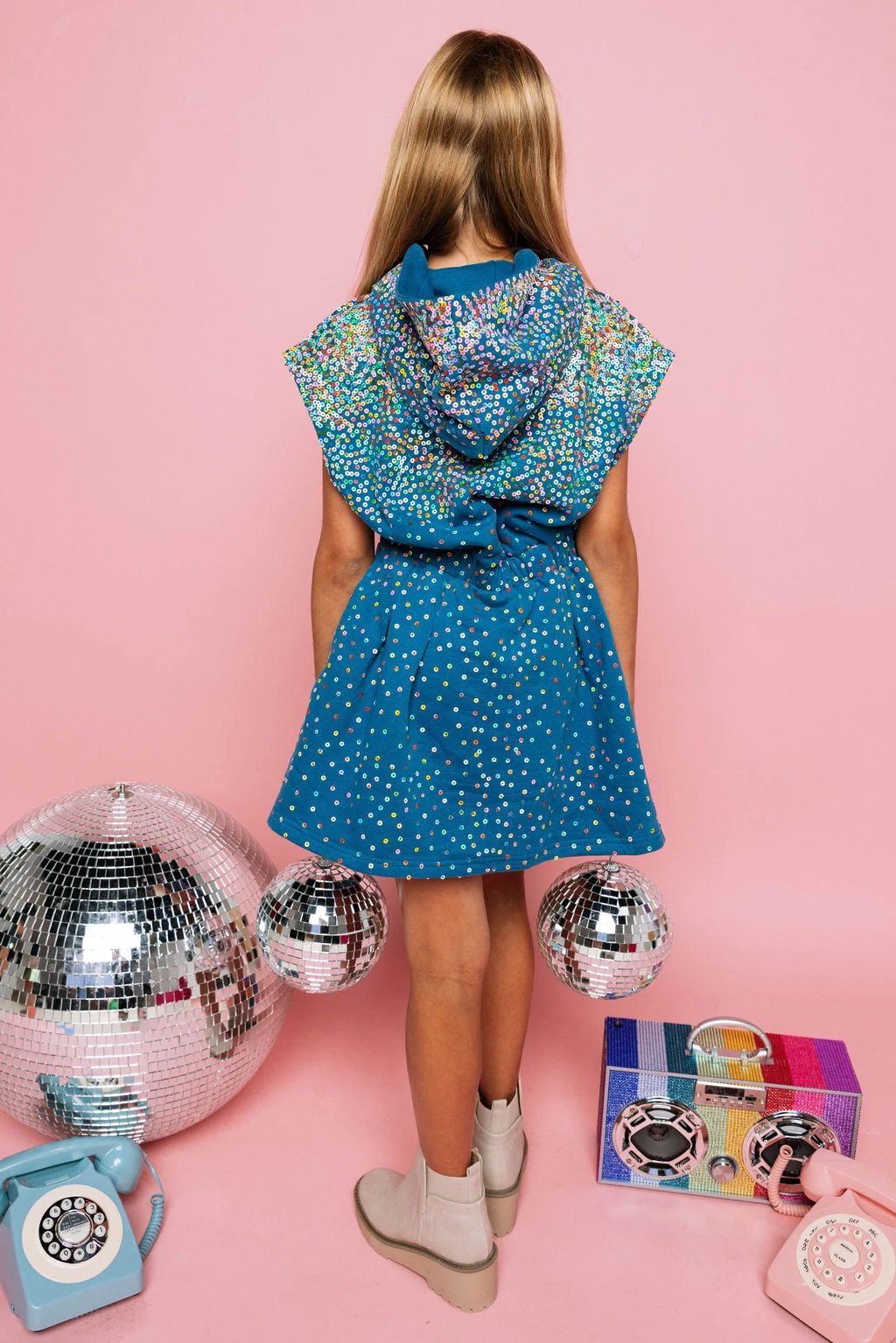 Queen Of Sparkles Kids Teal & Rainbow Hoody Sequin Scattered Dress 2 Queen Of Sparkles Kids Teal & Rainbow Hoody Sequin Scattered Dress - Image 2
