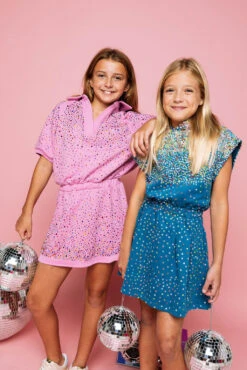 Queen Of Sparkles Kids Pink Scattered Rhinestone Collar Dress -Queen of Sparkles QOSKIDSHALLOWEEN 6