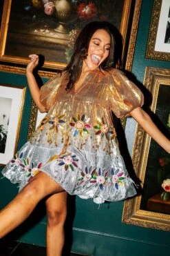 Queen Of Sparkles Silver & Gold Flower Fringe Dress