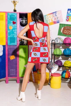 Queen Of Sparkles Red & Powder Blue Football Checkered Dress -Queen of Sparkles SOELSTUDIO QOS GAMEDAY 2023 127