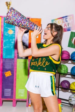 White Full Sequin Shorts With Green & Yellow Side Stripe 6 White Full Sequin Shorts With Green & Yellow Side Stripe -Queen of Sparkles SOELSTUDIO QOS GAMEDAY 2023 1445