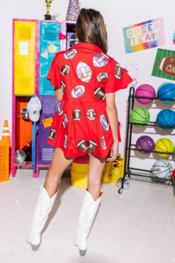 Red Iridescent Football Romper 6 Red Iridescent Football Romper -Queen of Sparkles SOELSTUDIO QOS GAMEDAY 2023 1599