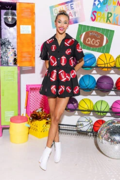 Black & Red Football Romper -Queen of Sparkles SOELSTUDIO QOS GAMEDAY 2023 1601