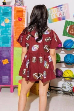 Maroon Iridescent Football Romper 6 Maroon Iridescent Football Romper -Queen of Sparkles SOELSTUDIO QOS GAMEDAY 2023 1677