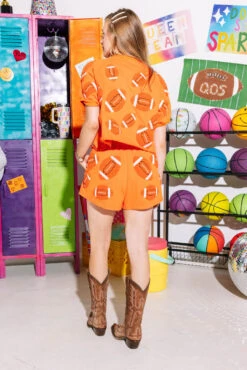 Orange Fuzzy Football Short -Queen of Sparkles SOELSTUDIO QOS GAMEDAY 2023 518 a1682b7e 0548 438e addc 8c1d9888e168