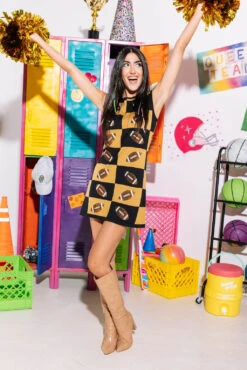 Queen Of Sparkles Black & Gold Football Checkered Dress