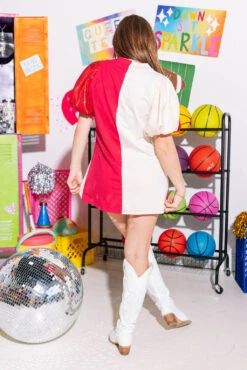 Crimson & Ivory Colorblock Sequin Sleeve Dress -Queen of Sparkles SOELSTUDIO QOS GAMEDAY 2023 663