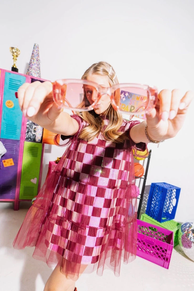Queen Of Sparkles Maroon& White Checkered Mesh Overlay Tee Dress 1 Queen Of Sparkles Maroon& White Checkered Mesh Overlay Tee Dress