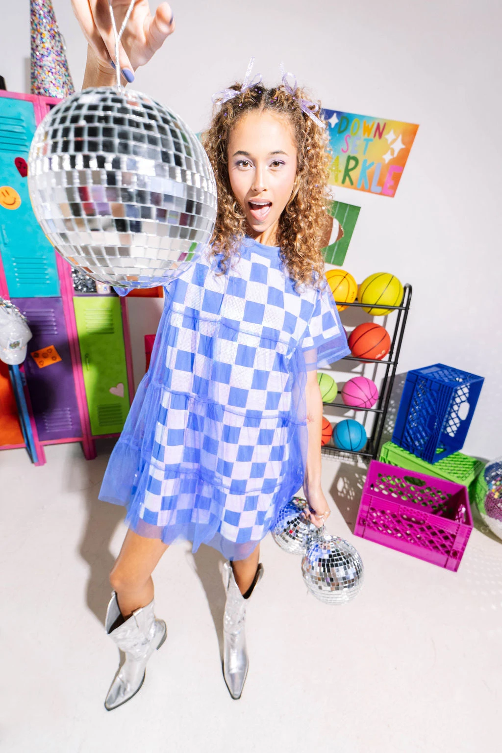 Queen Of Sparkles Royal & White Checkered Mesh Overlay Tee Dress 1 Queen Of Sparkles Royal & White Checkered Mesh Overlay Tee Dress