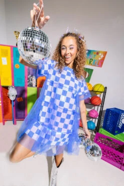 Queen Of Sparkles Royal & White Checkered Mesh Overlay Tee Dress 7 Queen Of Sparkles Royal & White Checkered Mesh Overlay Tee Dress -Queen of Sparkles SOELSTUDIO QOS GAMEDAY 2023 879