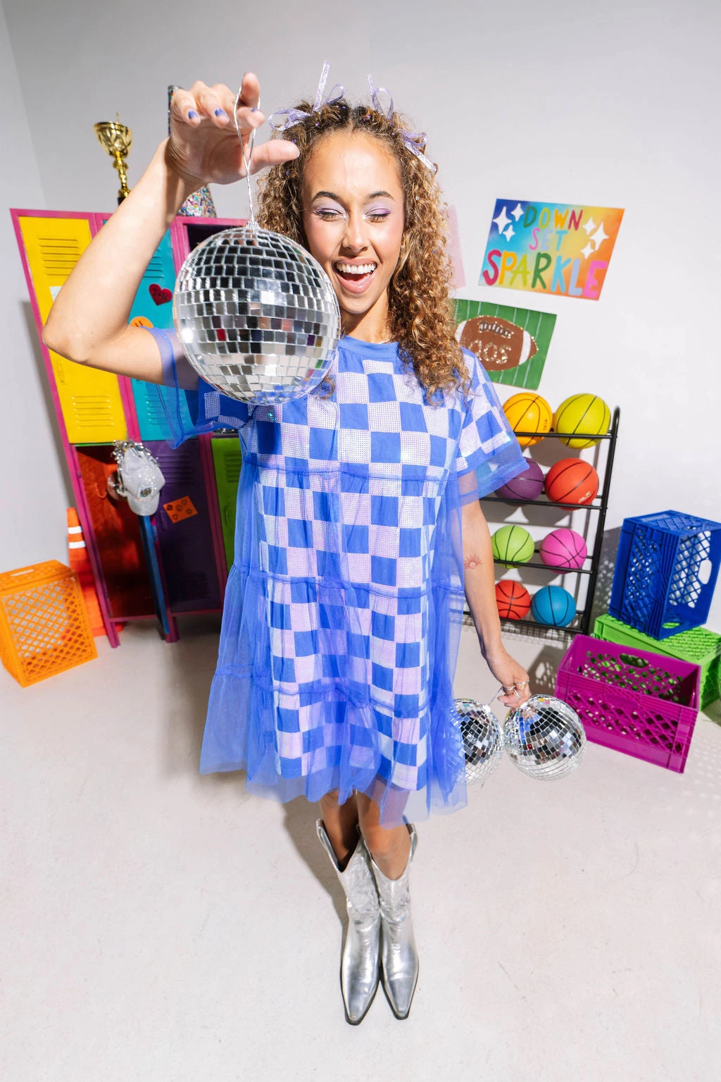 Queen Of Sparkles Royal & White Checkered Mesh Overlay Tee Dress 2 Queen Of Sparkles Royal & White Checkered Mesh Overlay Tee Dress - Image 2