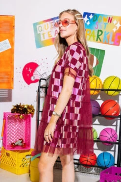 Queen Of Sparkles Maroon& White Checkered Mesh Overlay Tee Dress 6 Queen Of Sparkles Maroon& White Checkered Mesh Overlay Tee Dress -Queen of Sparkles SOELSTUDIO QOS GAMEDAY 2023 906