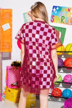 Queen Of Sparkles Maroon& White Checkered Mesh Overlay Tee Dress 7 Queen Of Sparkles Maroon& White Checkered Mesh Overlay Tee Dress -Queen of Sparkles SOELSTUDIO QOS GAMEDAY 2023 907