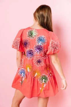 Pink Firework Back Poof Sleeve Dress