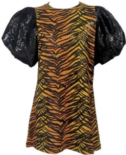Queen Of Sparkles Tiger Print Poof Sequin Sleeve Dress