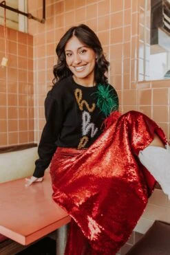 Queen Of Sparkles Red Sequin Midi Skirt