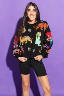 Black Multi Animal Sweatshirt -Queen of Sparkles qos august 10