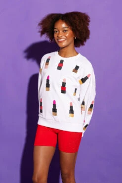 White, Black, Gold Lipstick Sweatshirt -Queen of Sparkles qos august 319