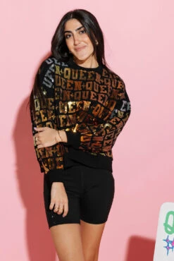Black & Gold Queen All Over Sweatshirt -Queen of Sparkles qos august 376