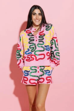 Pink Squiggle Henley Sweatshirt -Queen of Sparkles qos august 432