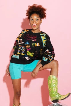 Queen Of Sparkles Black Y'all All Over Sweatshirt -Queen of Sparkles qos august 445