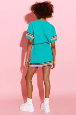 Queen Of Sparkles Teal Rainbow Sequin Stripe Dress Short Sleeve -Queen of Sparkles qos august 501