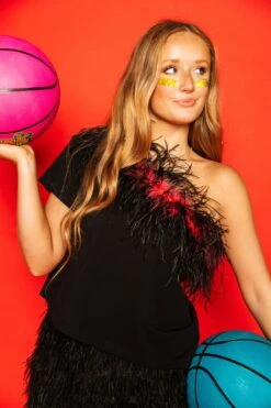 Black & Red One Shoulder Feather Tee -Queen of Sparkles soelstudio QOS Gameday 169