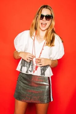 Queen Of Sparkles White Peplum Poof Sleeve Top With Elephant -Queen of Sparkles soelstudio QOS Gameday 187