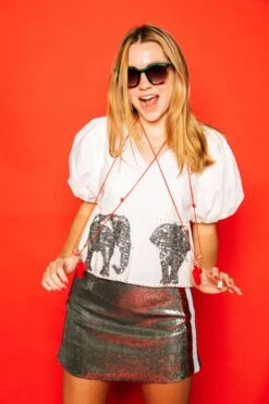 Queen Of Sparkles White Peplum Poof Sleeve Top With Elephant