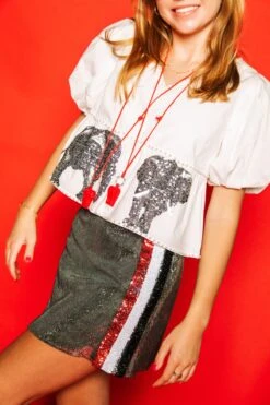 Queen Of Sparkles White Peplum Poof Sleeve Top With Elephant -Queen of Sparkles soelstudio QOS Gameday 190