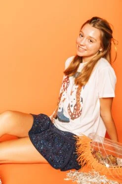Queen Of Sparkles Navy & Orange Fringe Boot Tee