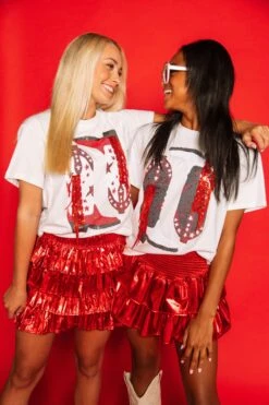 Queen Of Sparkles Red & White Fringe Boot Tee -Queen of Sparkles soelstudio QOS Gameday 86
