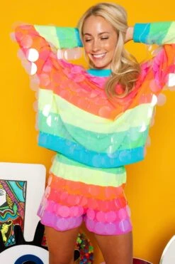 Queen Of Sparkles Neon Stripe Clear Sequin Short