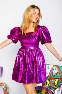 Queen Of Sparkles Purple Holographic Poof Sleeve Dress -Queen of Sparkles soelstudio QOSAug 360