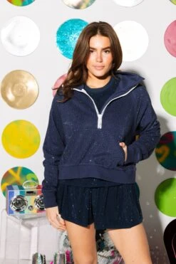 Queen Of Sparkles Plain Navy Rhinestone Half Zip Sweatshirt