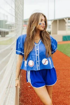 Queen Of Sparkles Royal Blue Peplum Baseball Top -Queen of Sparkles soelstudio QOSFEB2023 147