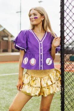 Queen Of Sparkles Purple Peplum Baseball Top