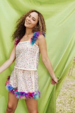 Queen Of Sparkles Ivory Rhinestone Rainbow Feather Tank