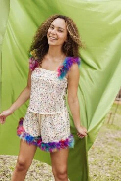 Queen Of Sparkles Ivory Rhinestone Rainbow Feather Short 7 Queen Of Sparkles Ivory Rhinestone Rainbow Feather Short -Queen of Sparkles soelstudio QOSFEB2023 746