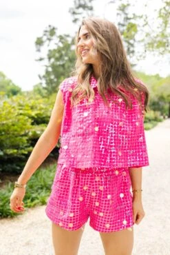 Queen Of Sparkles Hot Pink Checker Paillette Collar Top