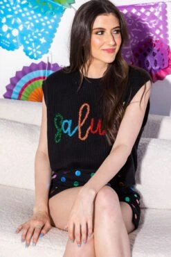 Black Glitter Script Salud! Sweater Tank -Queen of Sparkles soelstudio QOSAPRIL 449