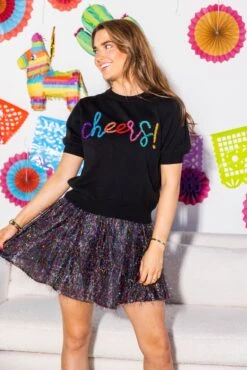 Black Cheers Glitter Script Short Sleeve Sweater