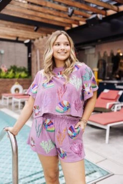 Lavender Terry Coral & Shell Short Sleeve Top -Queen of Sparkles soelstudio QOSMAY2023 126