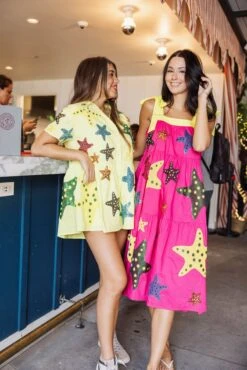 Pink & Yellow Tie Starfish Maxi Dress -Queen of Sparkles soelstudio QOSMAY2023 237