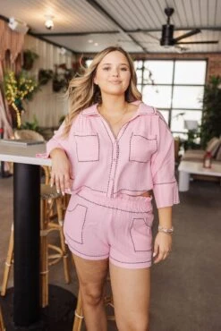 Queen Of Sparkles Light Pink & Black Gauze Rhinestone Trim Top