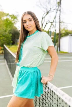 Queen Of Sparkles Teal & Pale Green Active Rhinestone Short Sleeve Top -Queen of Sparkles soelstudio QOSMarch2023 344