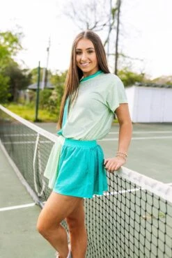 Queen Of Sparkles Teal & Pale Green Active Rhinestone Short Sleeve Top -Queen of Sparkles soelstudio QOSMarch2023 346